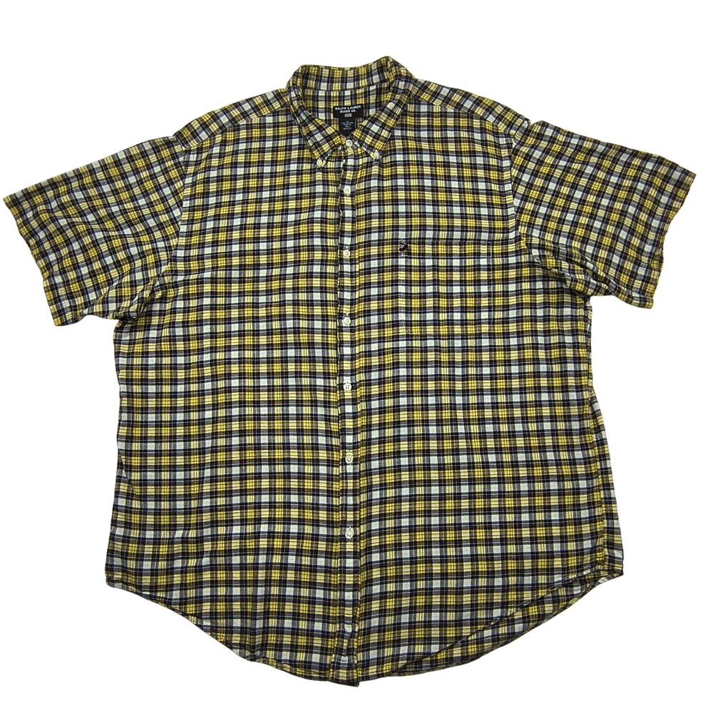 Ralph Lauren Jeans Co Mens XL Yellow Black Plaid Short Sleeve Button Down Shirt